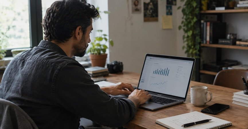 Marketer reviewing PPC advertising strategies and campaign results on a laptop