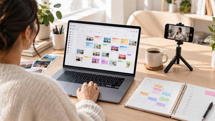 Marketer planning a color-coded monthly social media content calendar on a laptop at a bright desk