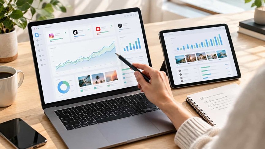 Social media analytics dashboard on a laptop showing rising engagement and reach graphs used to measure content strategy results