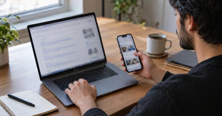 Marketer planning an SEO and social media strategy on a laptop and phone