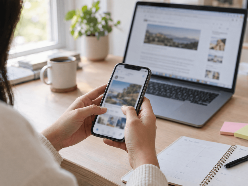 Marketer sharing a blog post on social media to drive website traffic