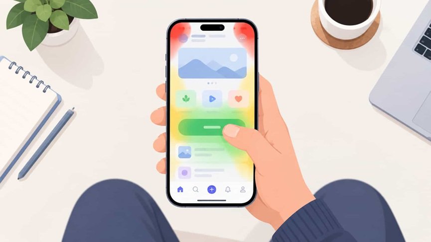Smartphone held in one hand with a heat map showing easy-to-reach thumb zones at the bottom center and hard-to-reach areas at the top corners