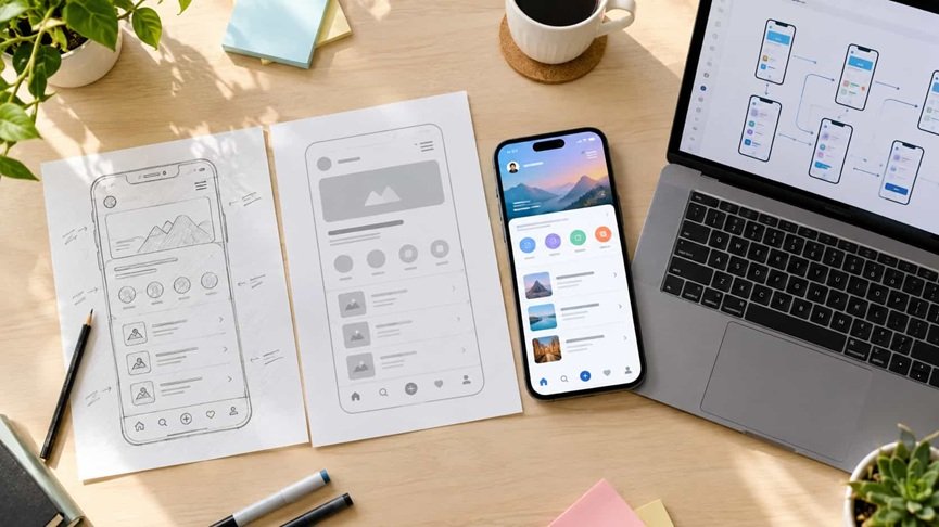 Mobile app design process showing a paper sketch, a grey wireframe and a finished high-fidelity app screen on a smartphone