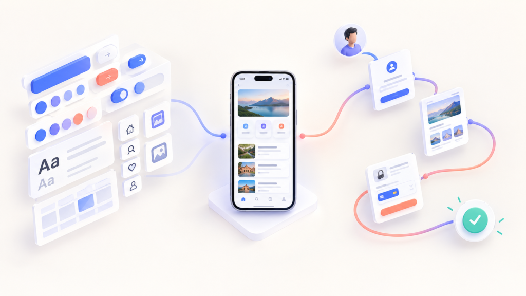 UI design elements and the UX user journey coming together in one mobile app