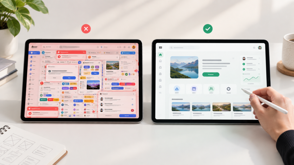 Cluttered interface with common UI/UX mistakes next to a clean, well-structured redesign