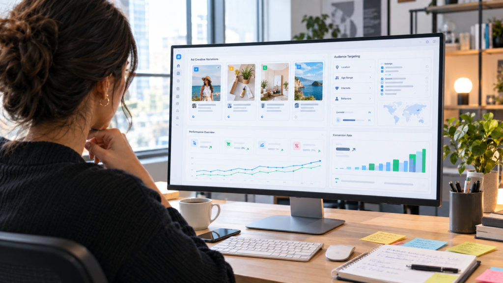 Marketer testing ad creatives and tracking conversions in a social media advertising dashboard