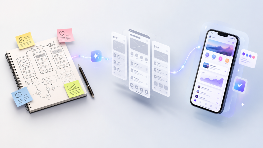 Product design process moving from sketches and wireframes to a finished app prototype with AI assistance