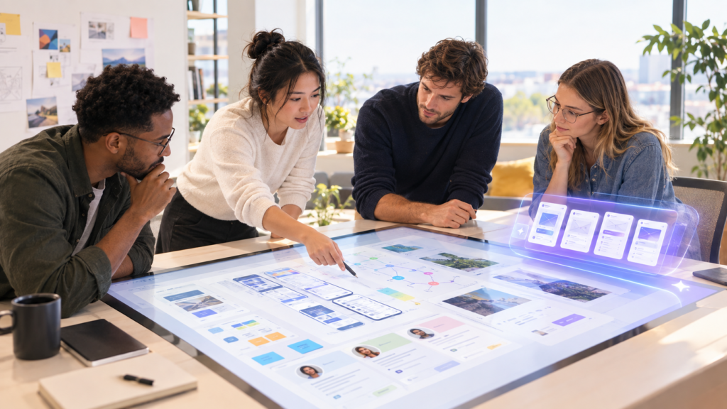 Design team making product decisions together with AI tools playing a supporting role