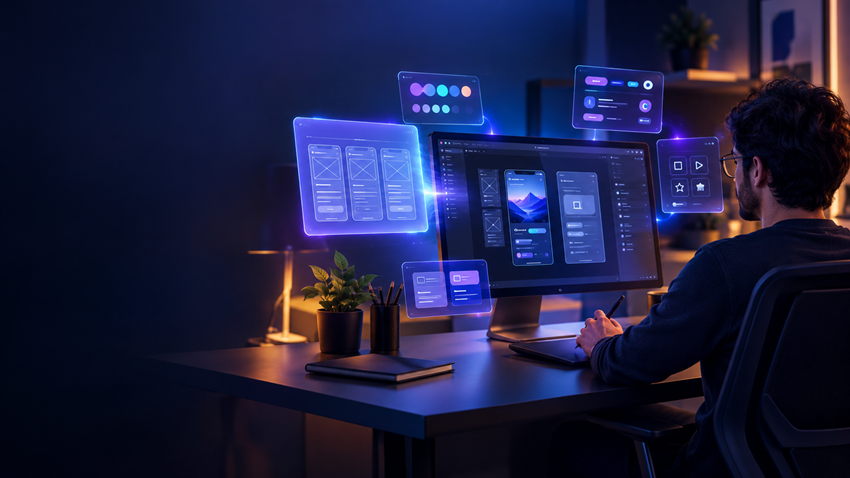 Designer using AI UX design tools to generate wireframes and UI components on a monitor