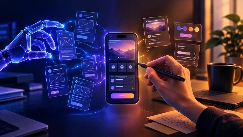 Human designer refining an AI-generated wireframe, showing collaboration between designers and AI tools