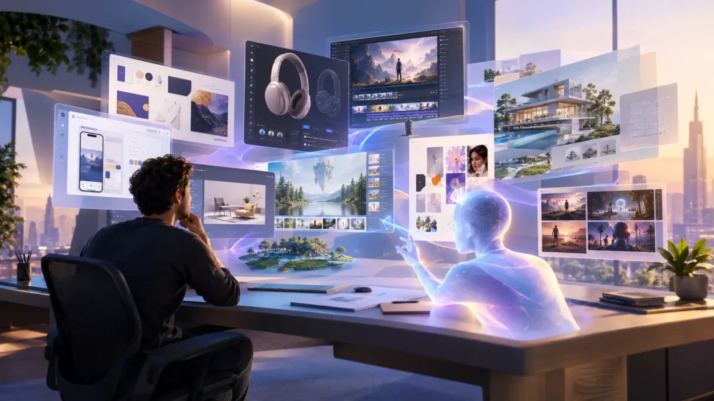 Designer collaborating with generative AI to create future digital and creative experiences