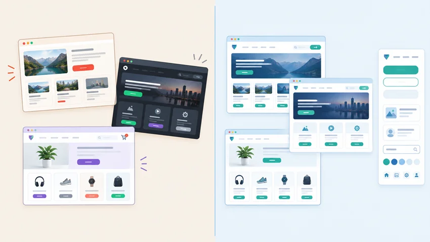 Comparison of inconsistent page-by-page design versus a consistent interface built from reusable components